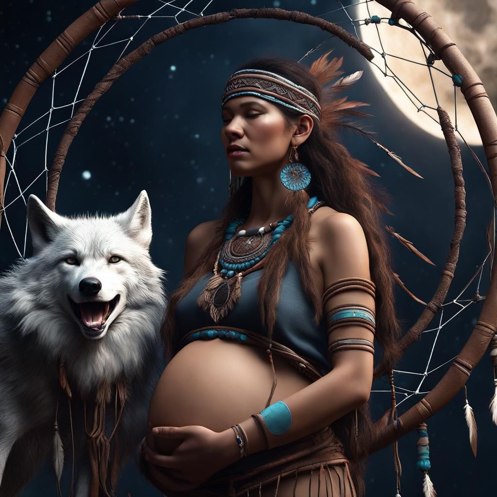 Moonlit Indigenous Woman with Wolf Spirit
