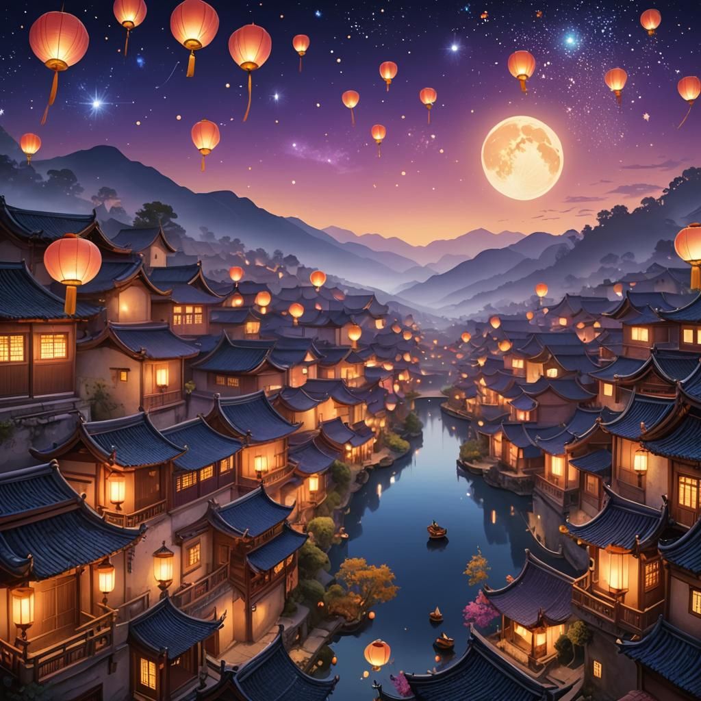 Ethereal Chinese Lanterns Over Serene Village