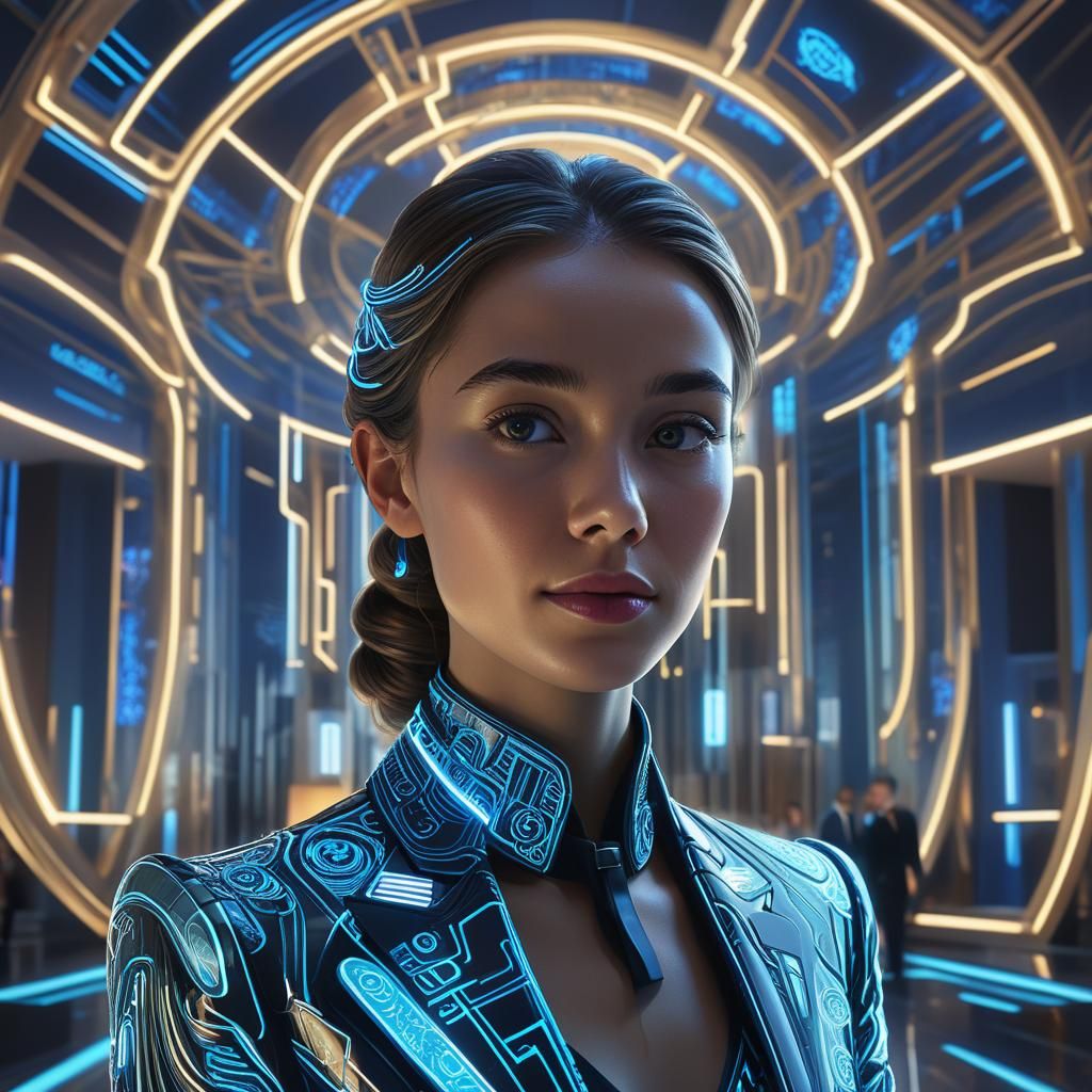 Futuristic High-Tech Hotel Lobby in Neon Art Nouveau Style