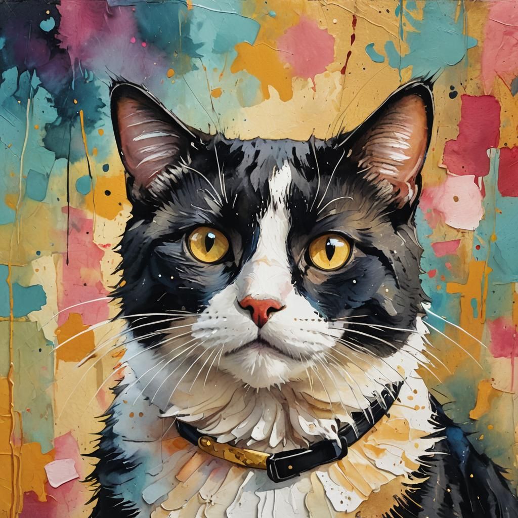 Tuxedo Cat in Love: Whimsical Mixed Media Art