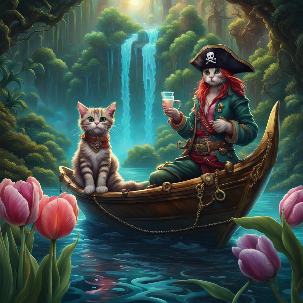 Iridescent Tulip with Pirate Kitty in Ocean Rainforest