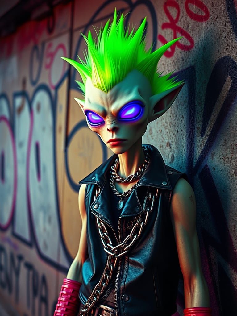 Cyberpunk Alien with Neon Hair on City Wall