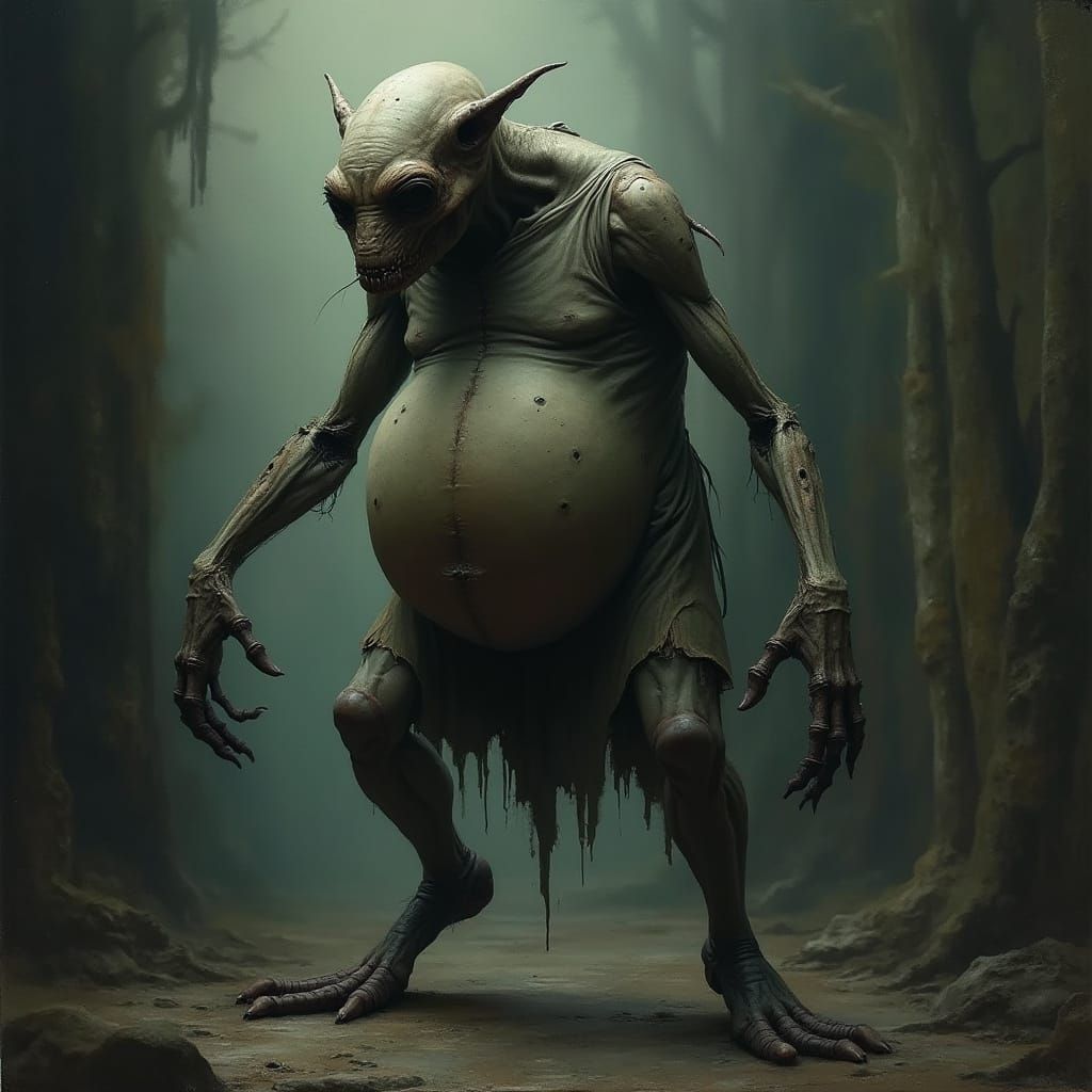 Grotesque Creature Mid-Transformation in Mystical Setting