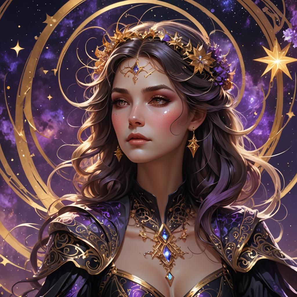 Ethereal Witch Portrait with Gold Dress and Stars