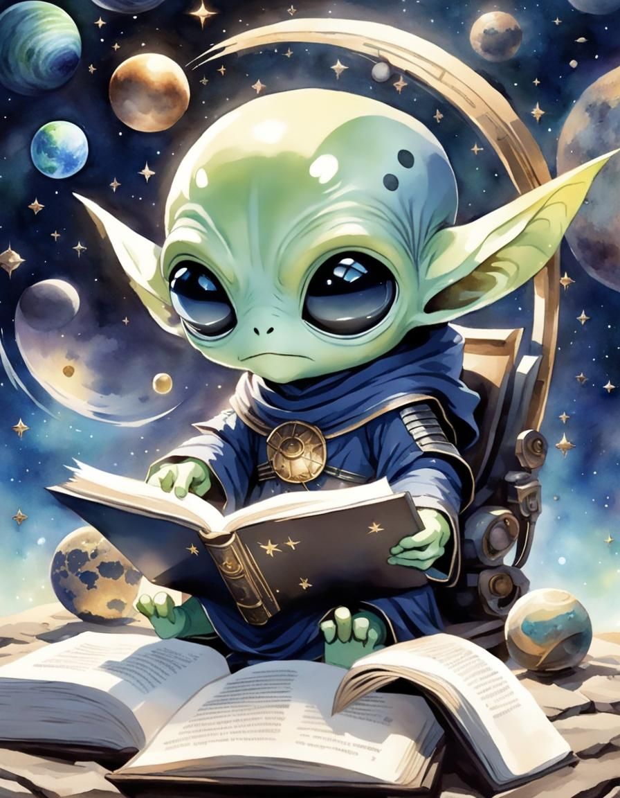 Chibi Alien Reading: Watercolor Space Art