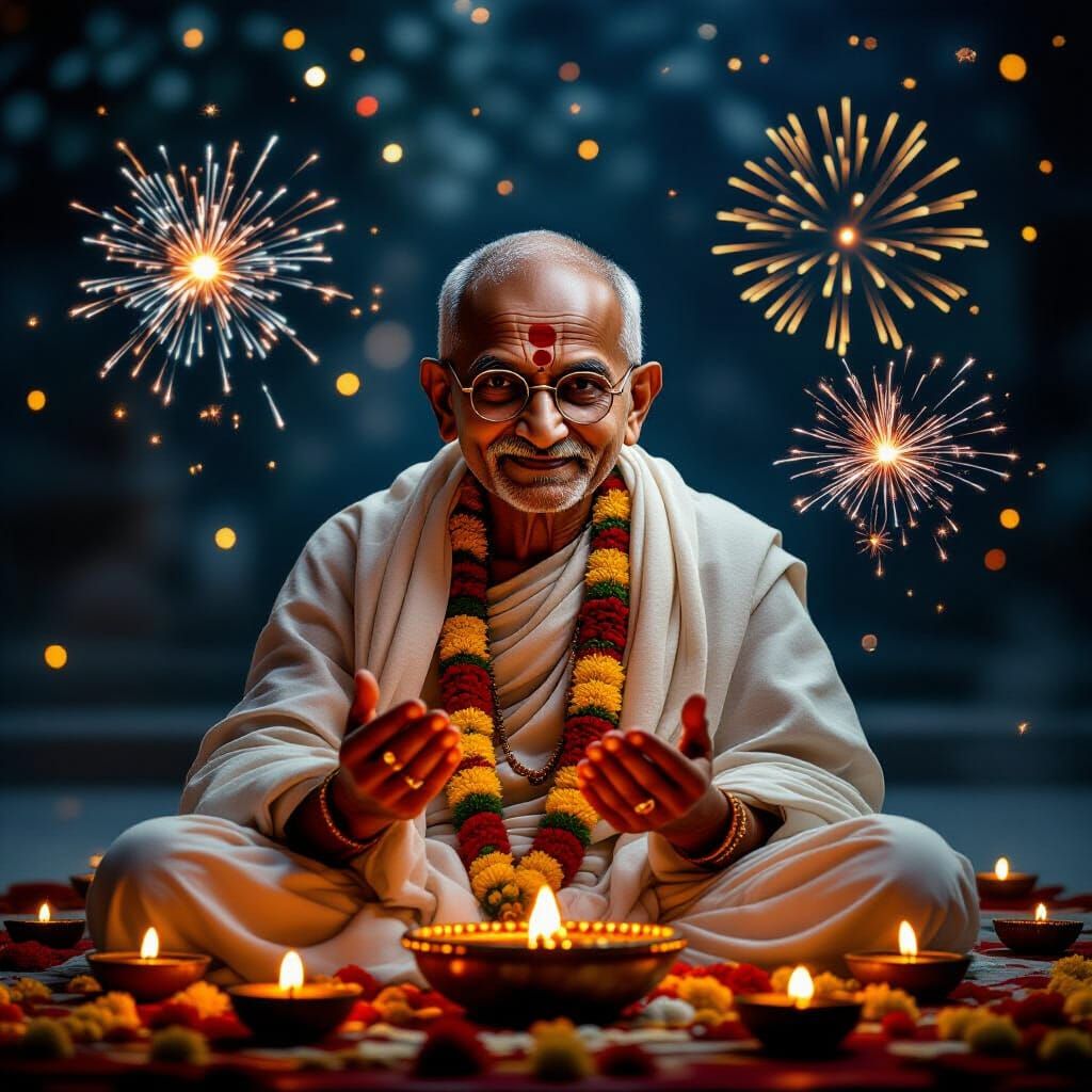 Mahatma Gandhi Celebrates Diwali in Hyperrealistic Style