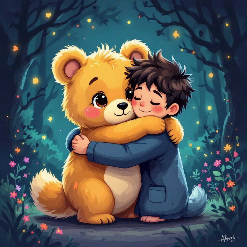 Doudou Hugs Human: A Fantasy Art Image