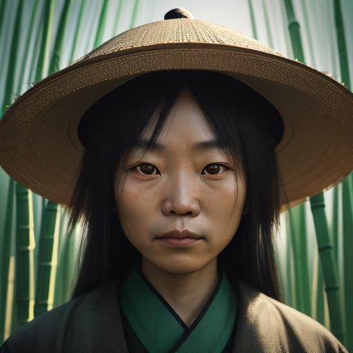 A chinese Taoist who wear bamboo hat.
