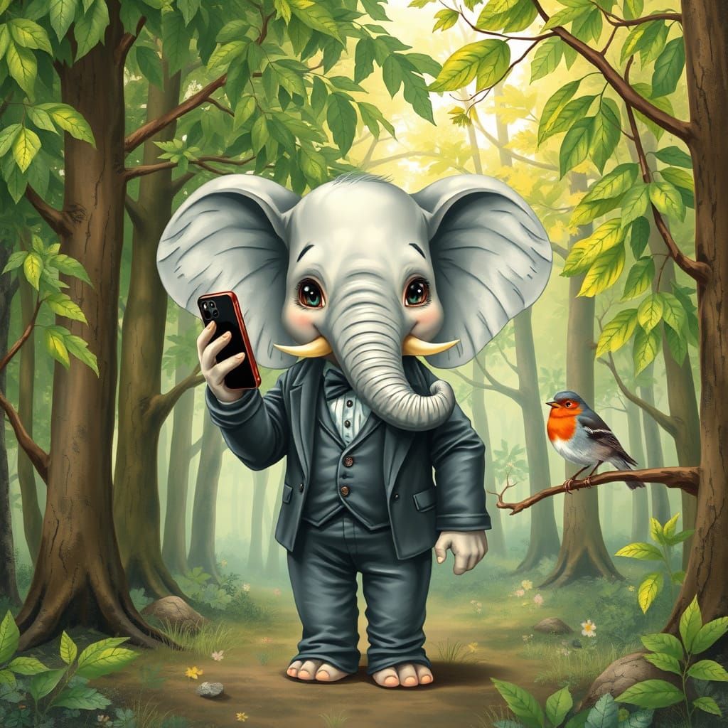 Cute Elephant with Smartphone in Forest, Watercolor Style
