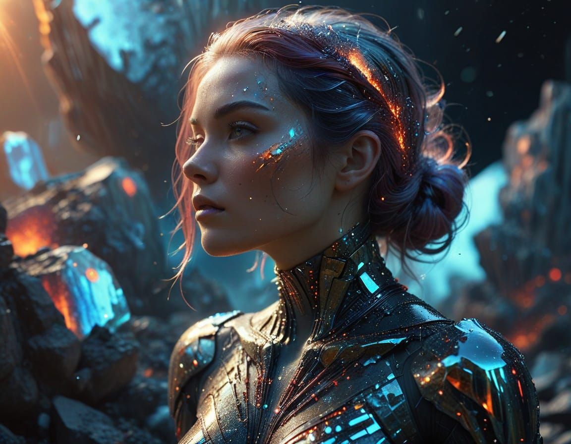 Surreal Woman in Serene Destruction, with Iridescent Hair an...