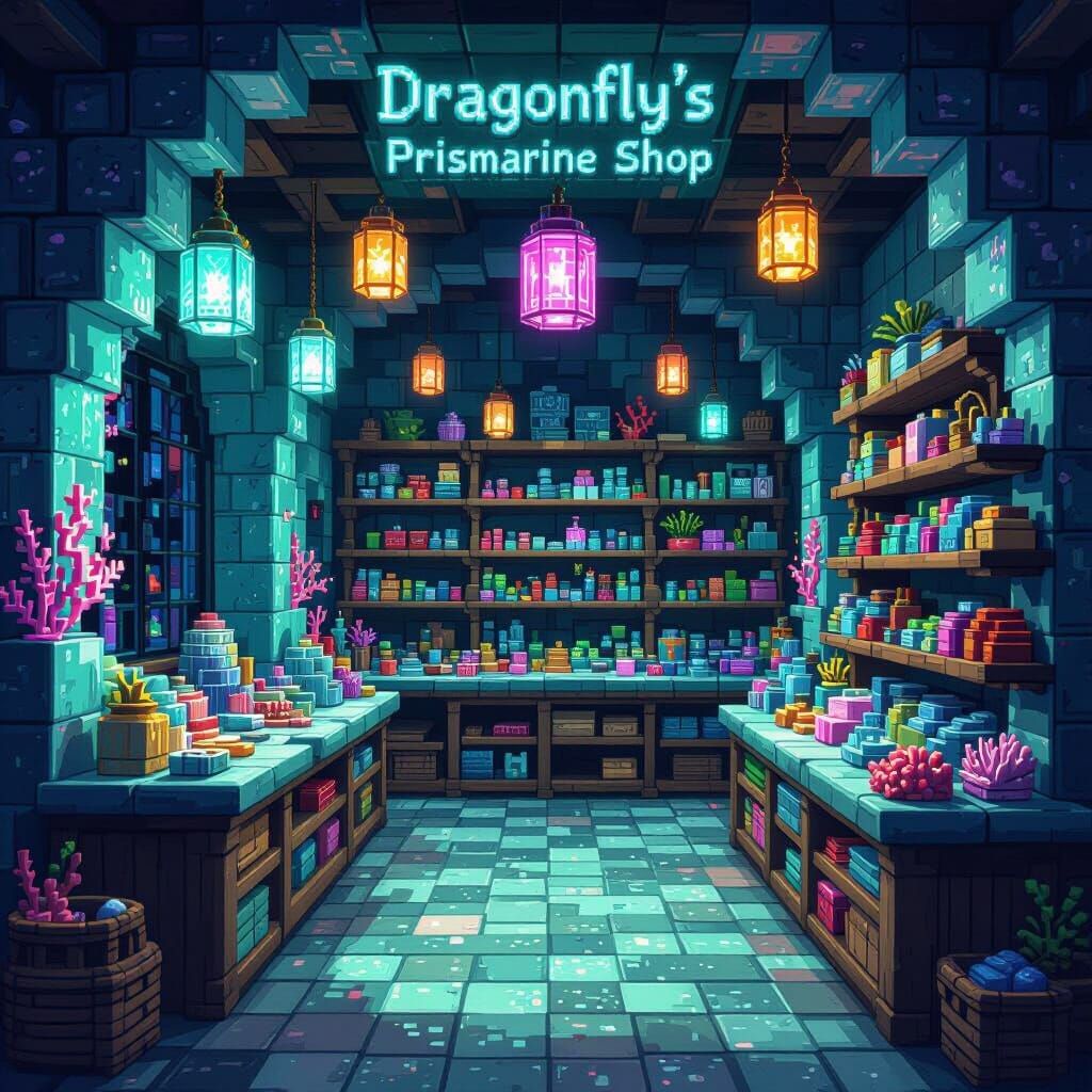 Minecraft Prismarine Shop Interior Pixel Art