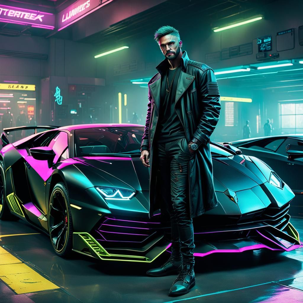 Millionaire Boy with Lamborghini in Cyberpunk Style