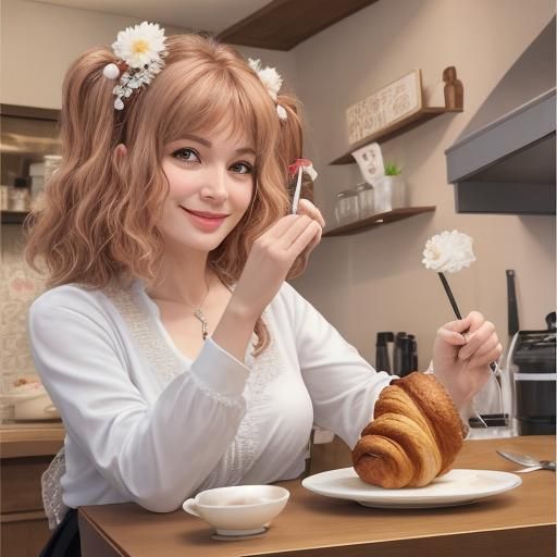 Smiling Woman in Pajamas Having Breakfast