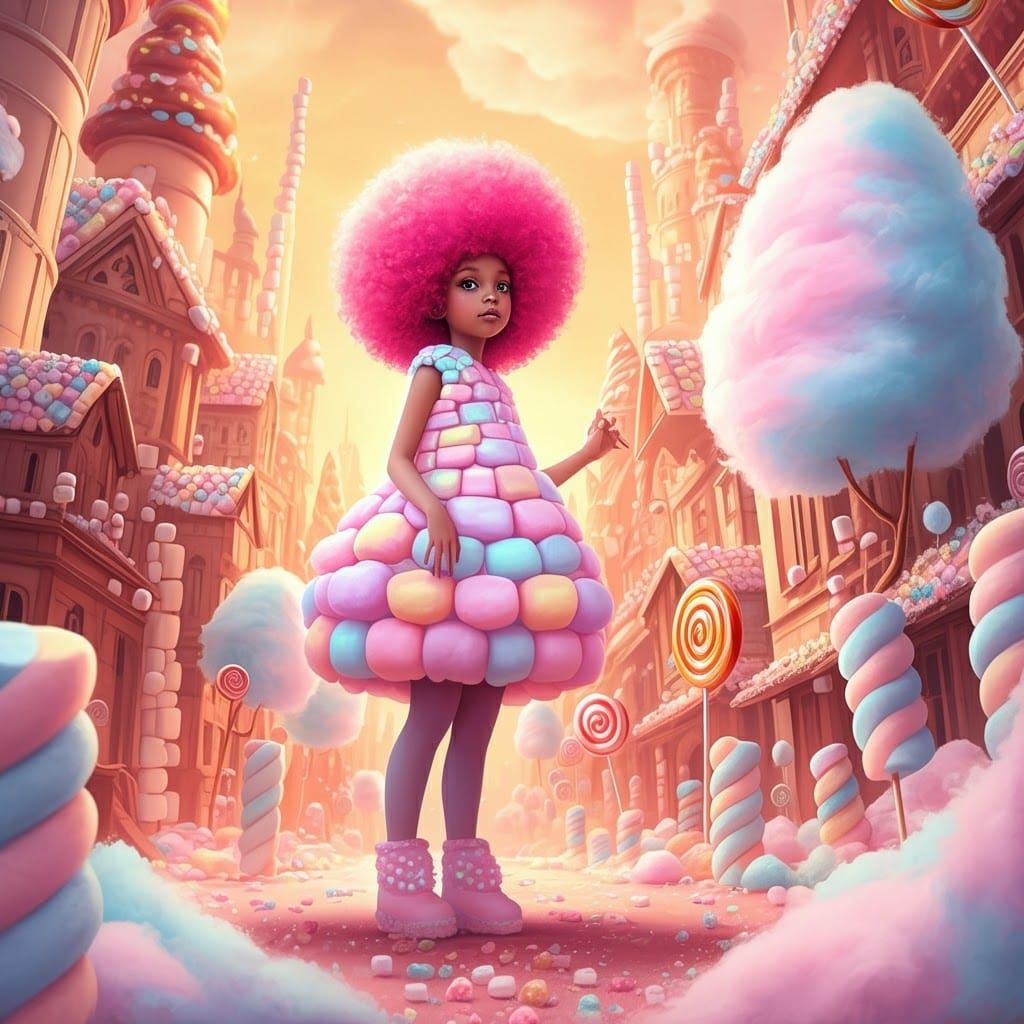 Marshmallow Girl in a Candy City: Digital Art