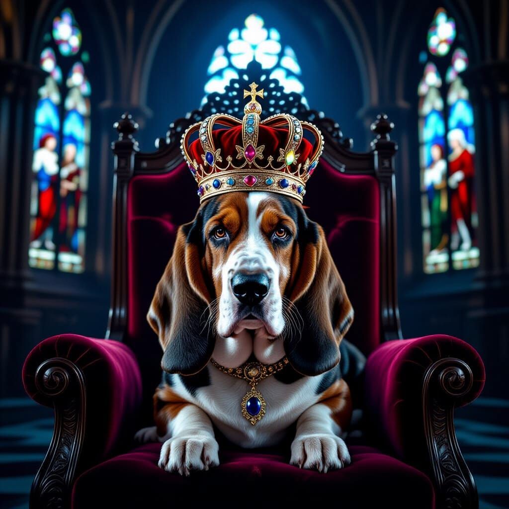 Regal Basset Hound on Throne in Gothic Hall