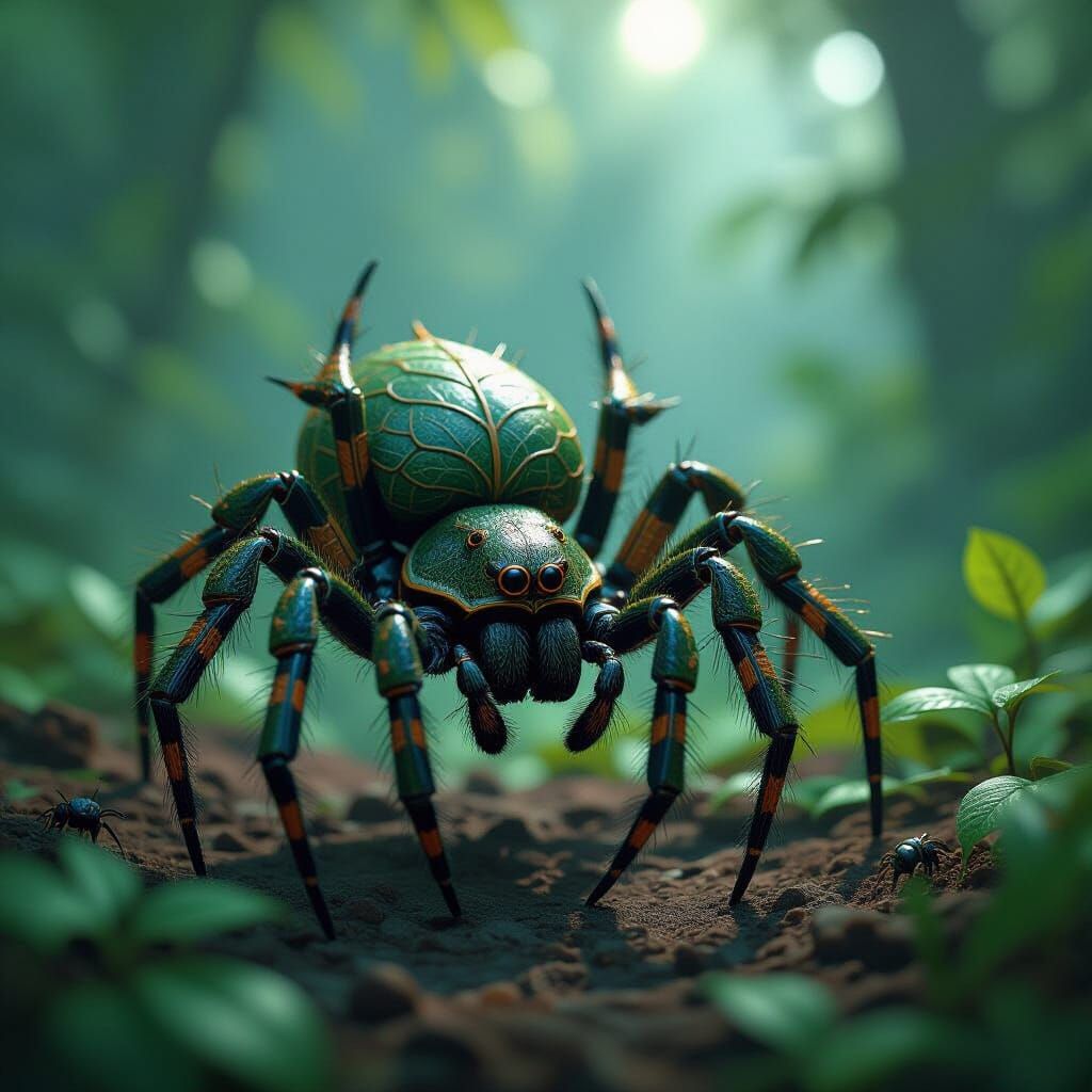 Armored Spider with Decoy Web in Rainforest, Hyperdetailed