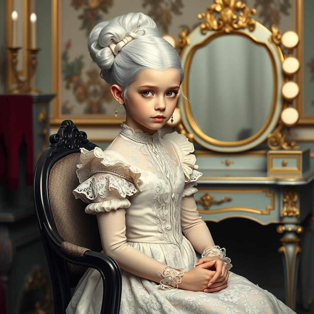 Ethereal Young Maiden Poses for Portrait in a Lavish Rococo....