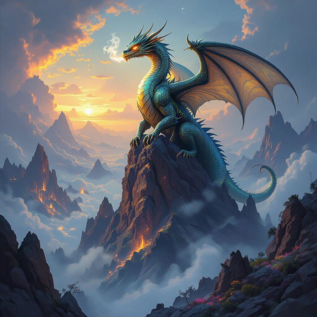 Ancient Dragon on Mountain Peak in Epic Fantasy Style