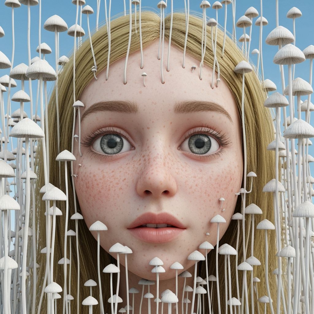 Surreal 3D Portrait of Girl Among Strange Fungi