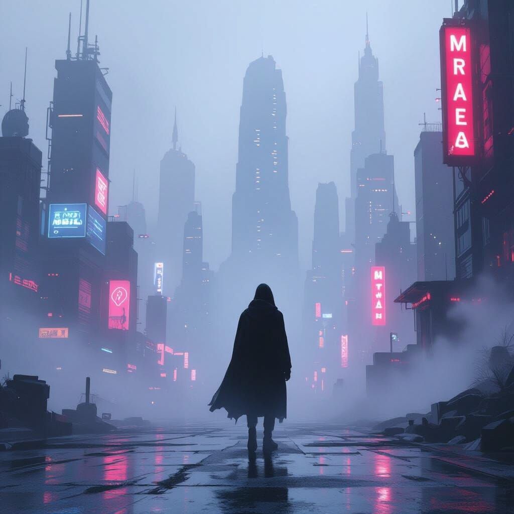 Eerie Mist Shrouds a Solitary Figure in Neon Cityscape