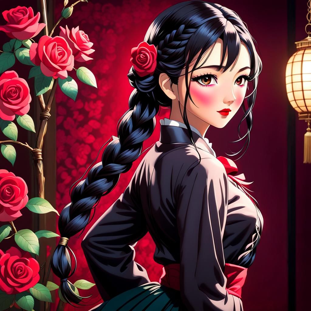 Elegant Anime Beauty in Victorian Rose Masterpiece