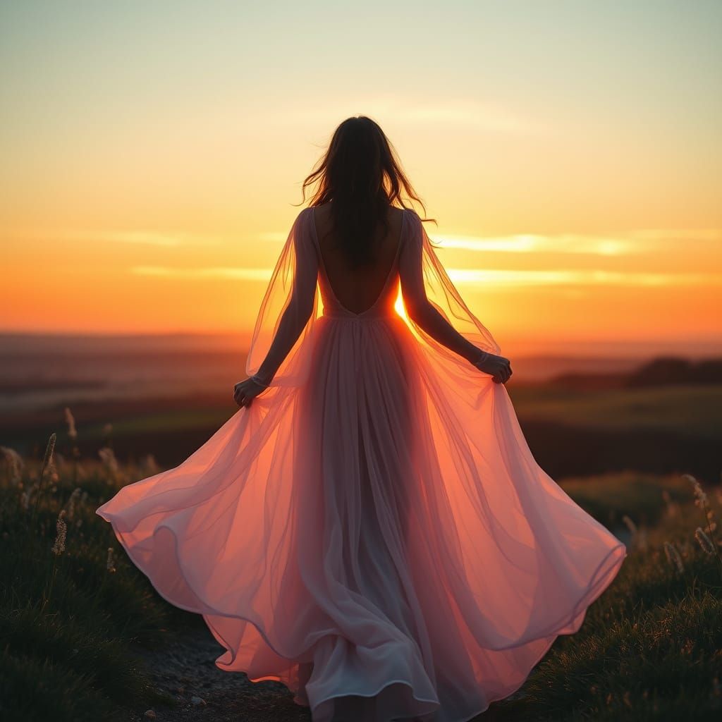 A spring sunset landscape with a woman in a flowy dress walk...