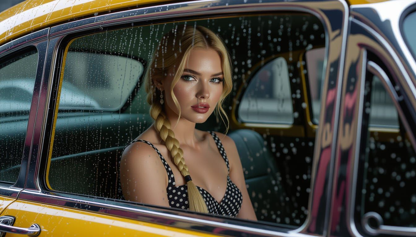 Blonde Actress in Shadowed Taxi, Dreamlike Photo