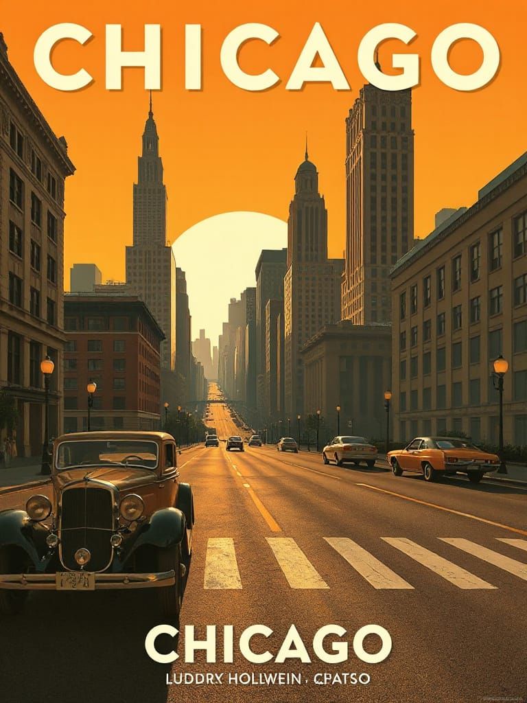 Vintage Chicago Travel Poster: 1930s Art Deco Cityscape