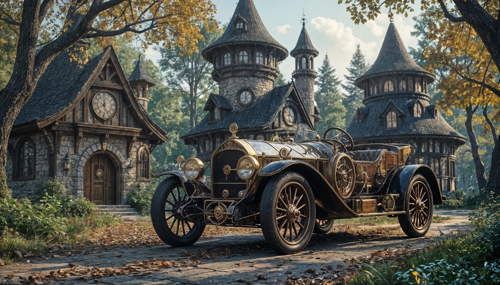 Steampunk 1914 Car Before Elven Cottages