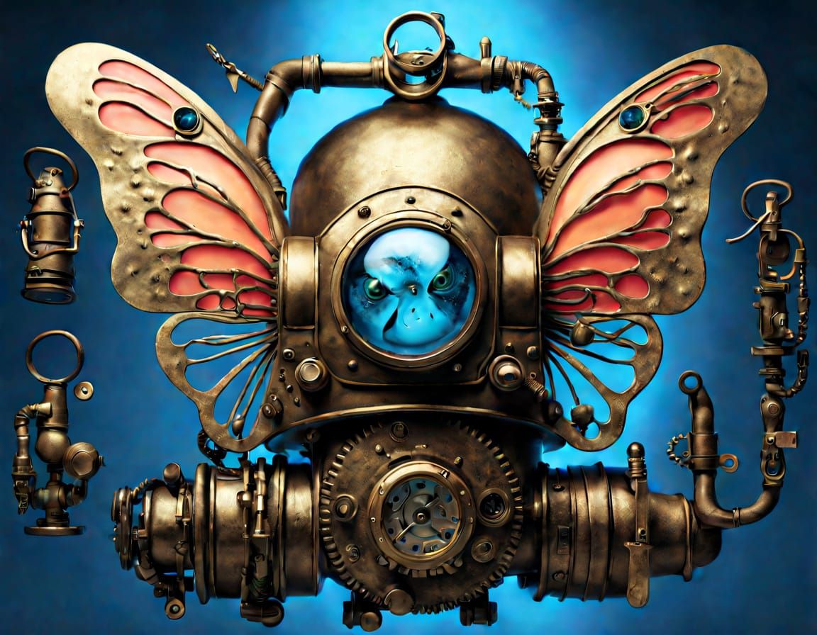 Surreal Butterfly in Diving Helmet, Steampunk Style