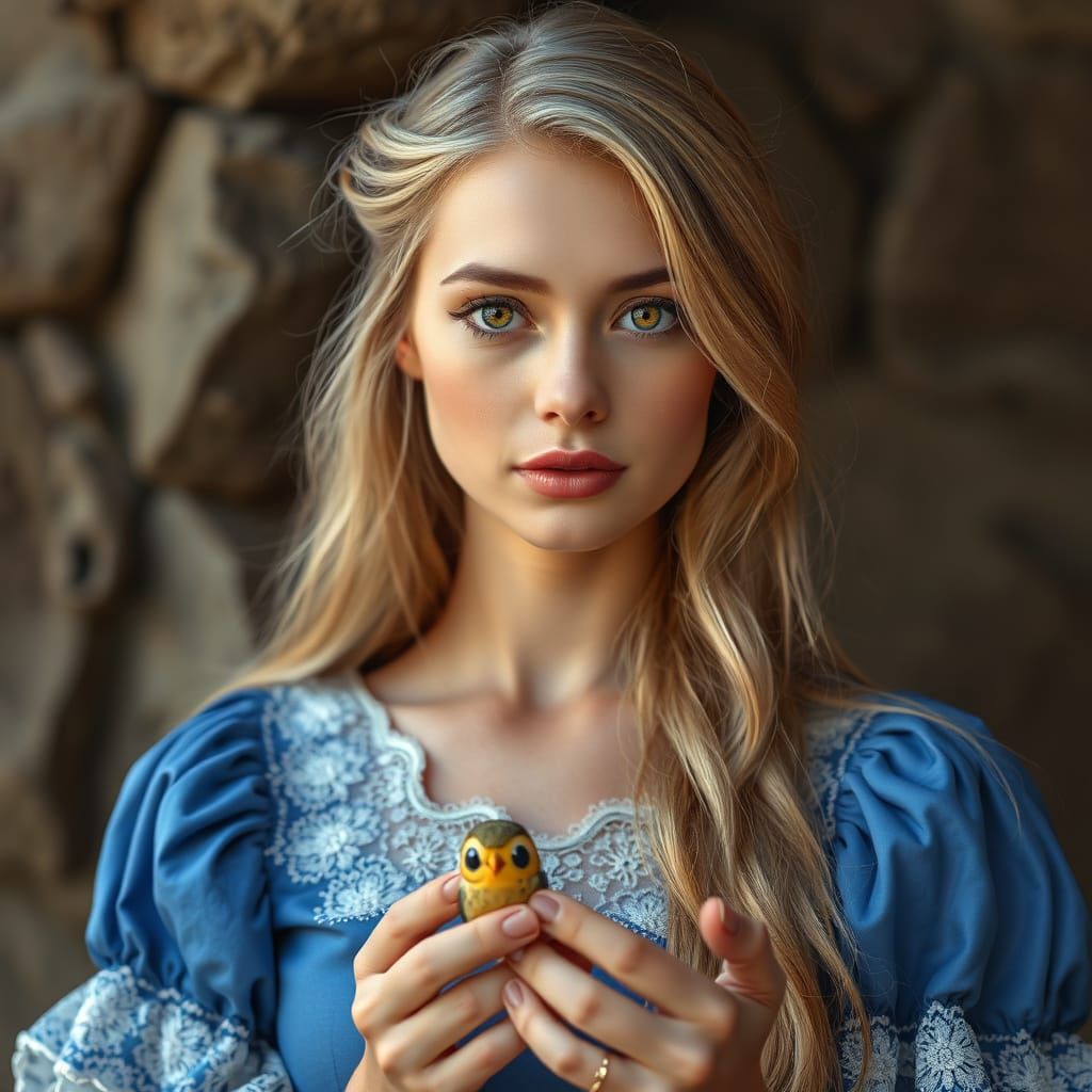 Blonde Woman in Sapphire Gown Meets White Owl