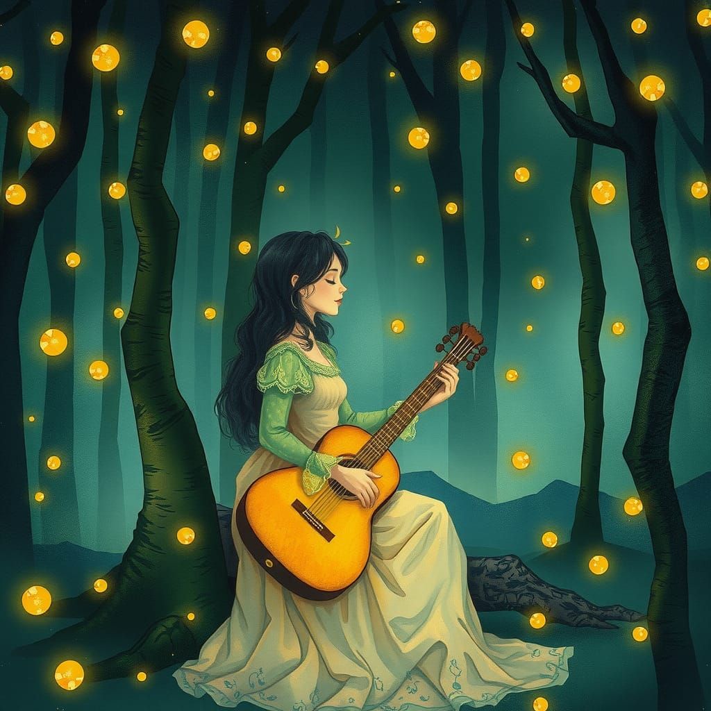 Enchanting Singer in Misty Forest, Digital Art