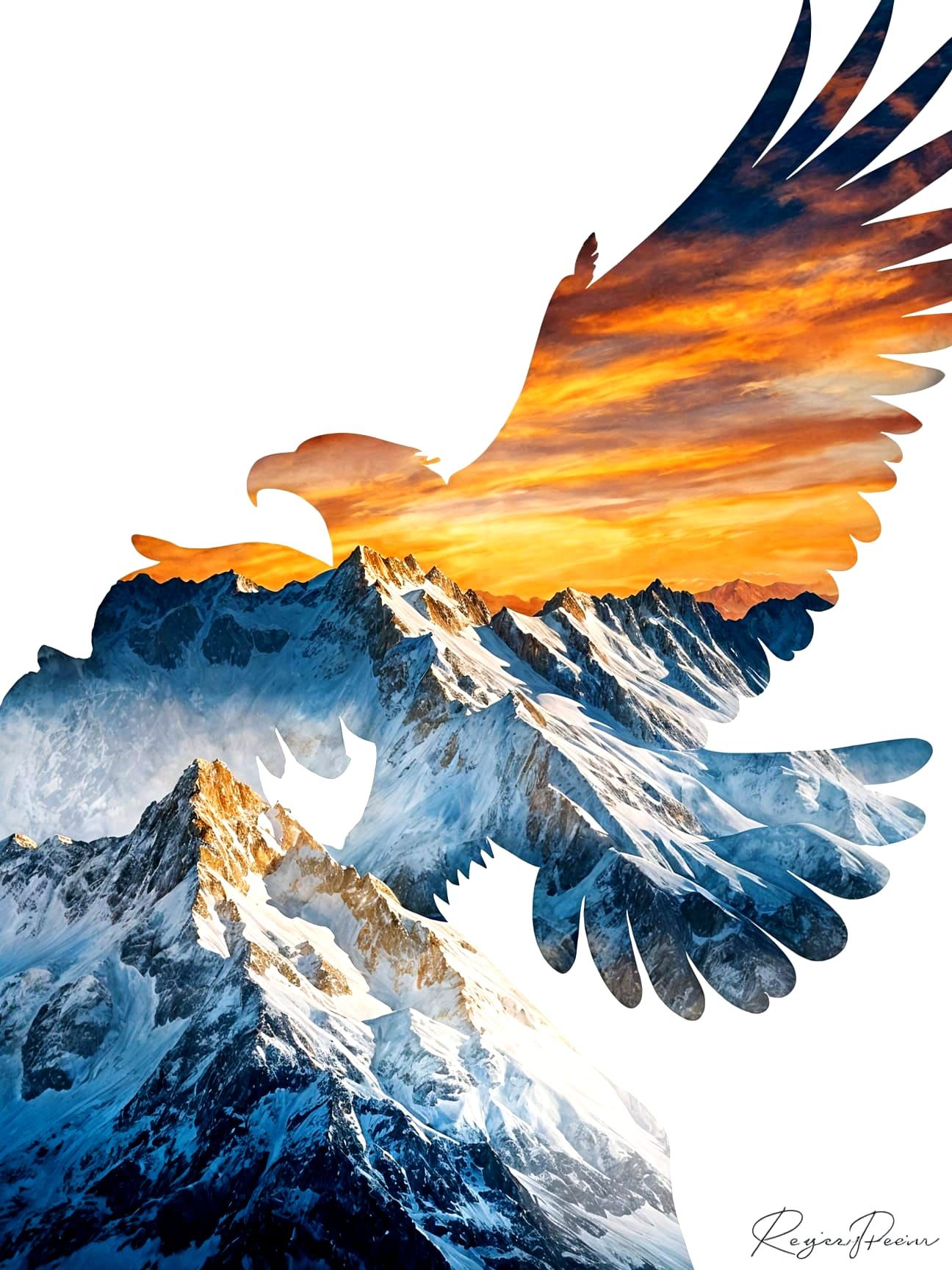 Eagle Soars Above Snowy Peaks in Vibrant Double Exposure Wat...