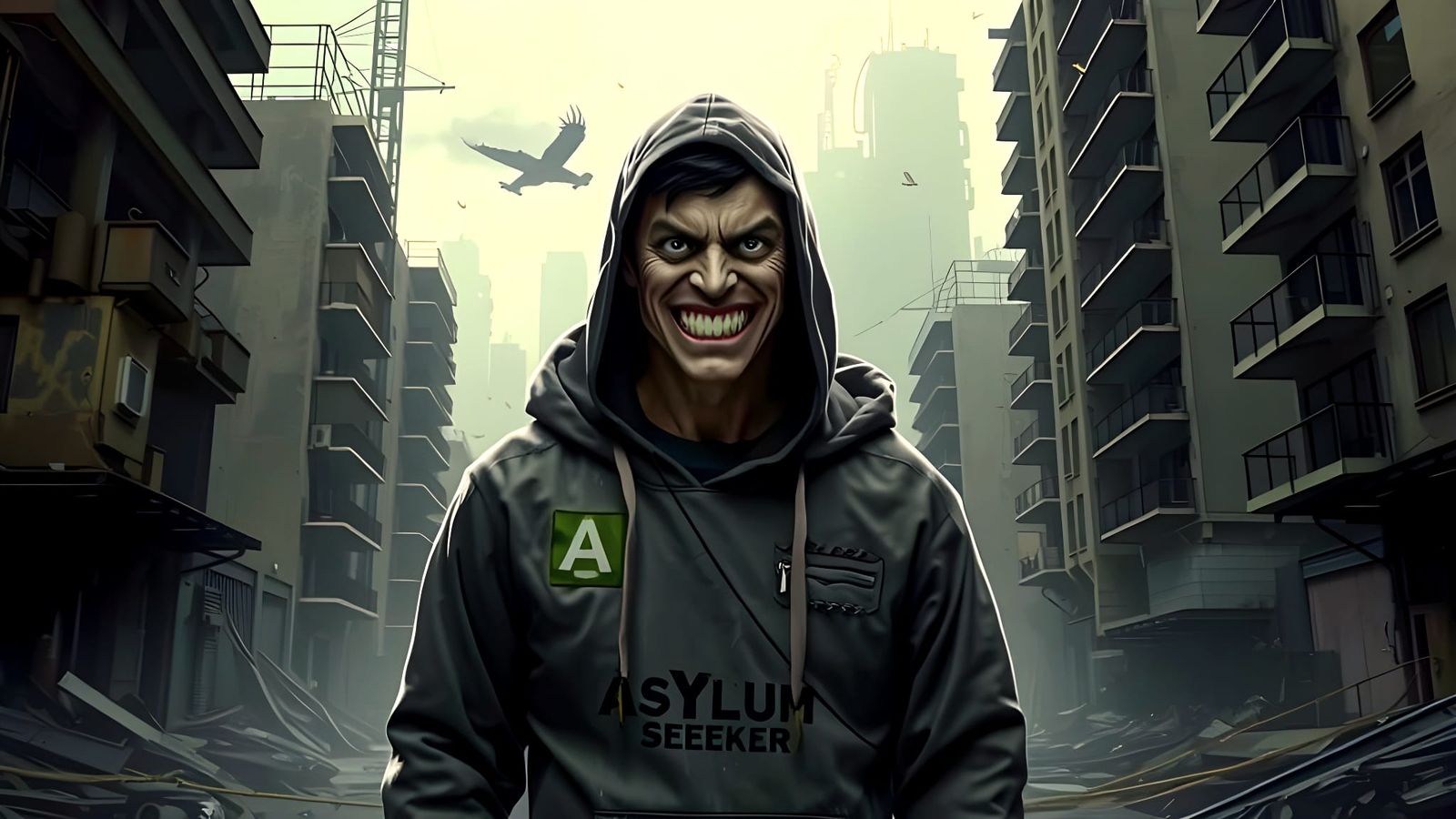 Ominous 'Asylum Seeker' Text in Dystopian Style