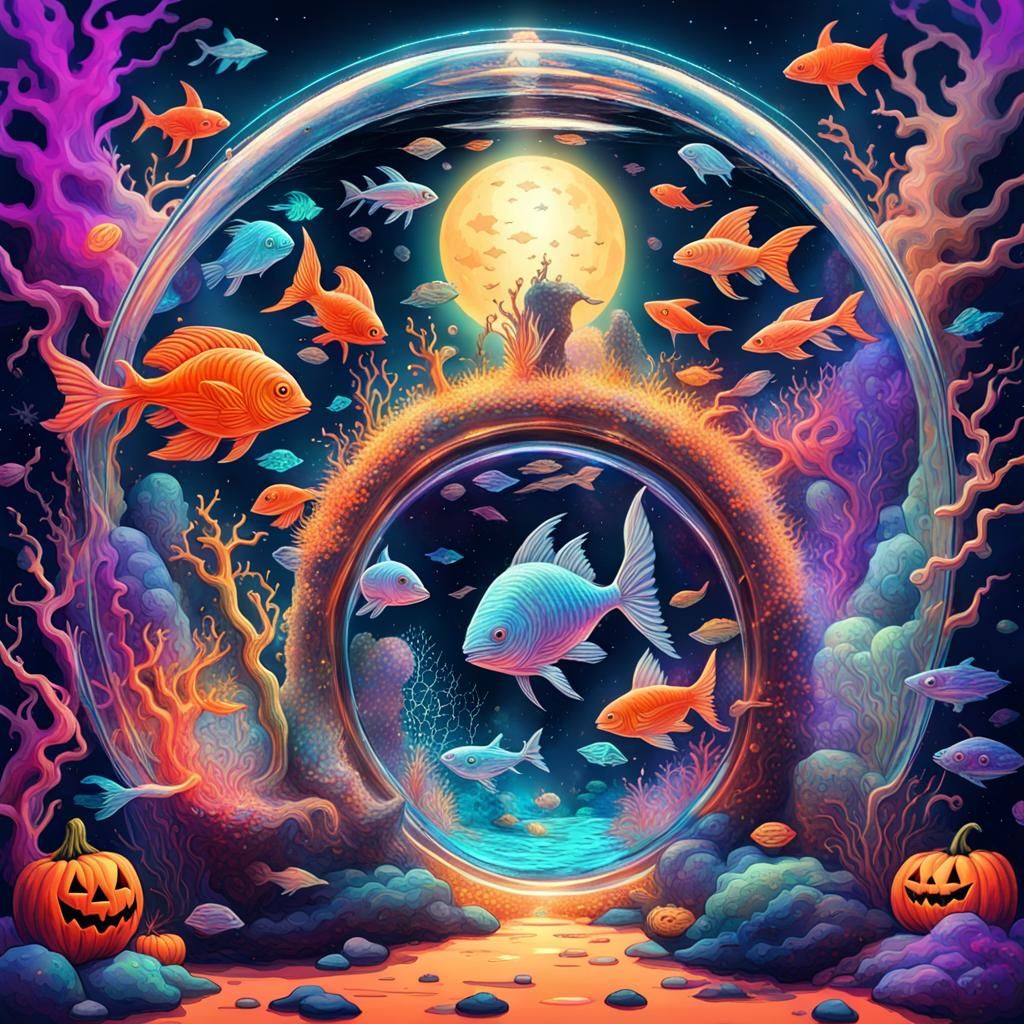 Halloween Aquarium in Astral Cosmic Illustration Style