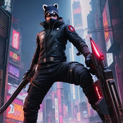 Rocket Racoon as Cyberpunk Ninja in Dystopian Cityscape