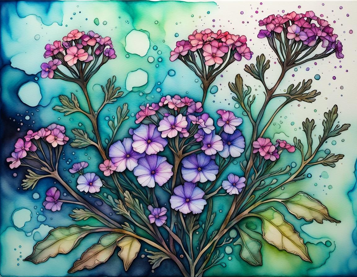 Verbena in Watercolor and Ink with 3D Effect
