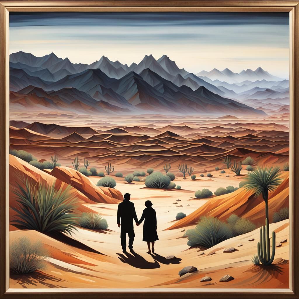 Panoramic Desert Landscape Painting with Human Figures