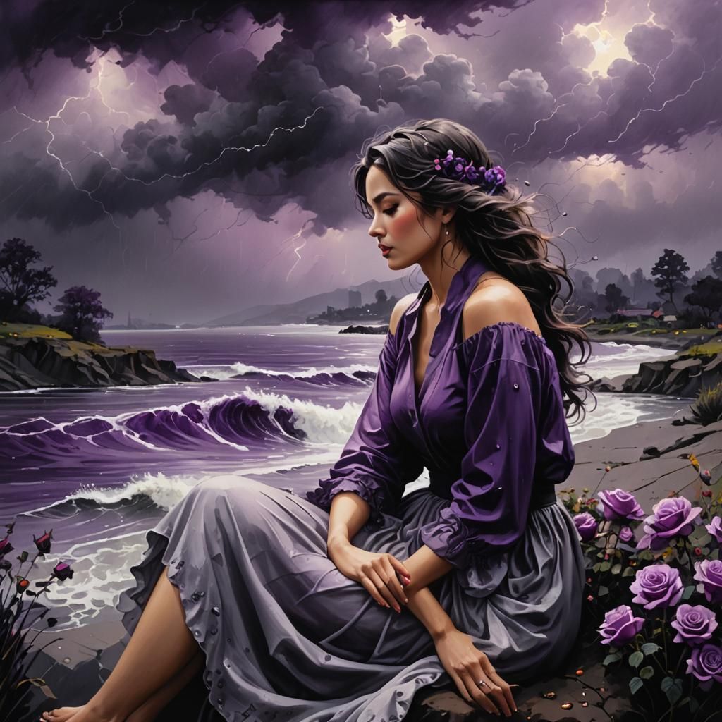 Woman by Riverbank in Stormy Ink Painting