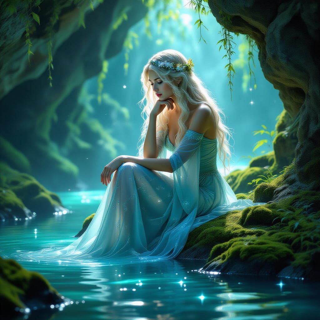 Bioluminescent Water Nymph in Grotto, Pre-Raphaelite Beauty