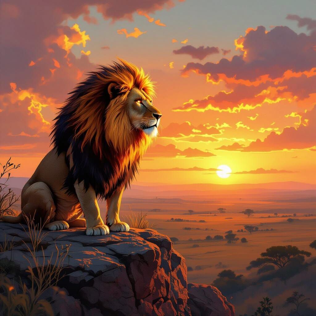 Lion with Fiery Mane at Sunset: Digital Art