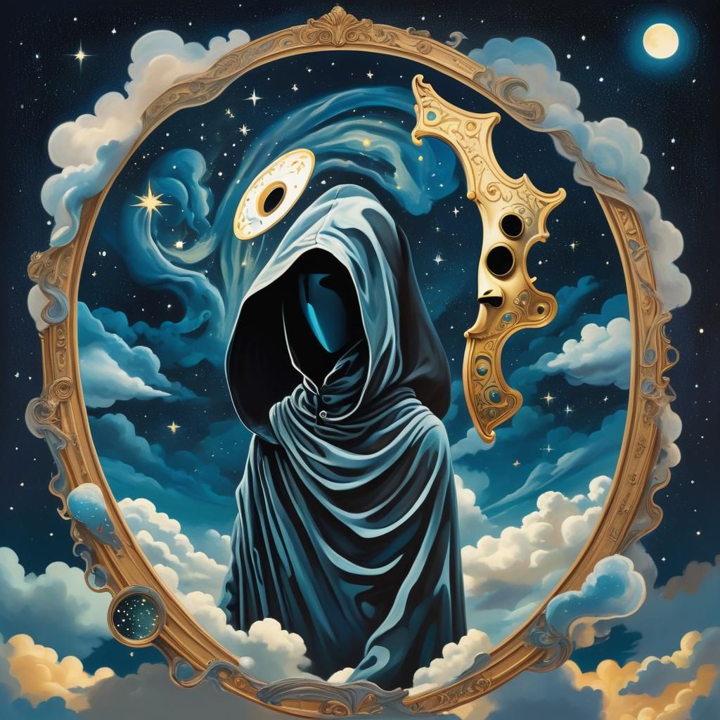Hooded Figure Offers Mask and Mirror in Surreal Sky