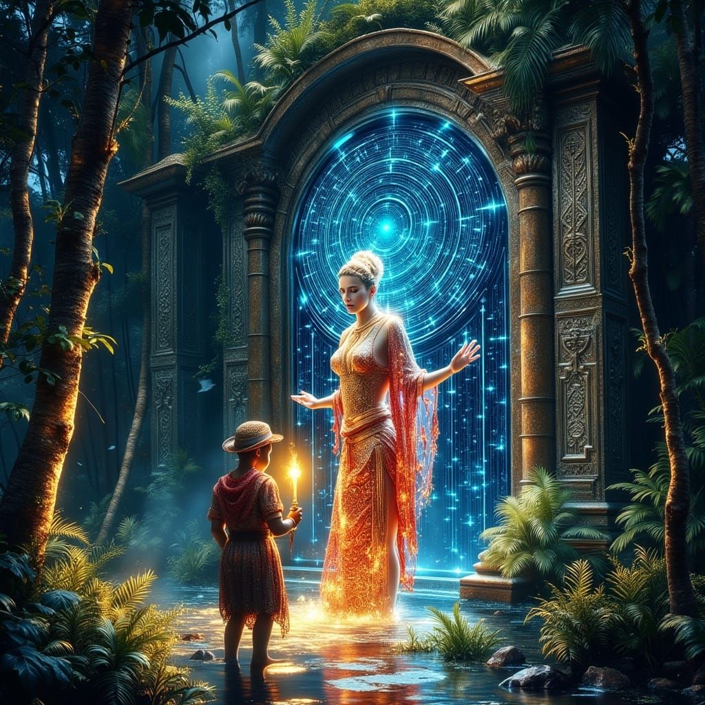 Jungle Temple Explorer in Watercolor Style