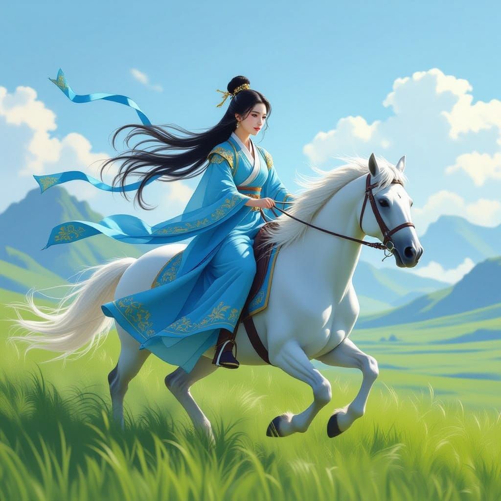 Ancient Chinese Girl Rides Horse Through Grassland