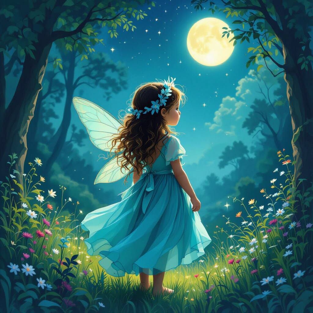 Turquoise Fairy in Moonlit Forest, Dreamy Art
