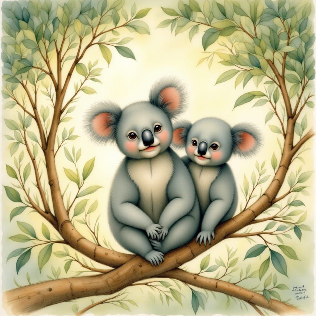 Koala Mother and Joey in Eucalyptus Tree