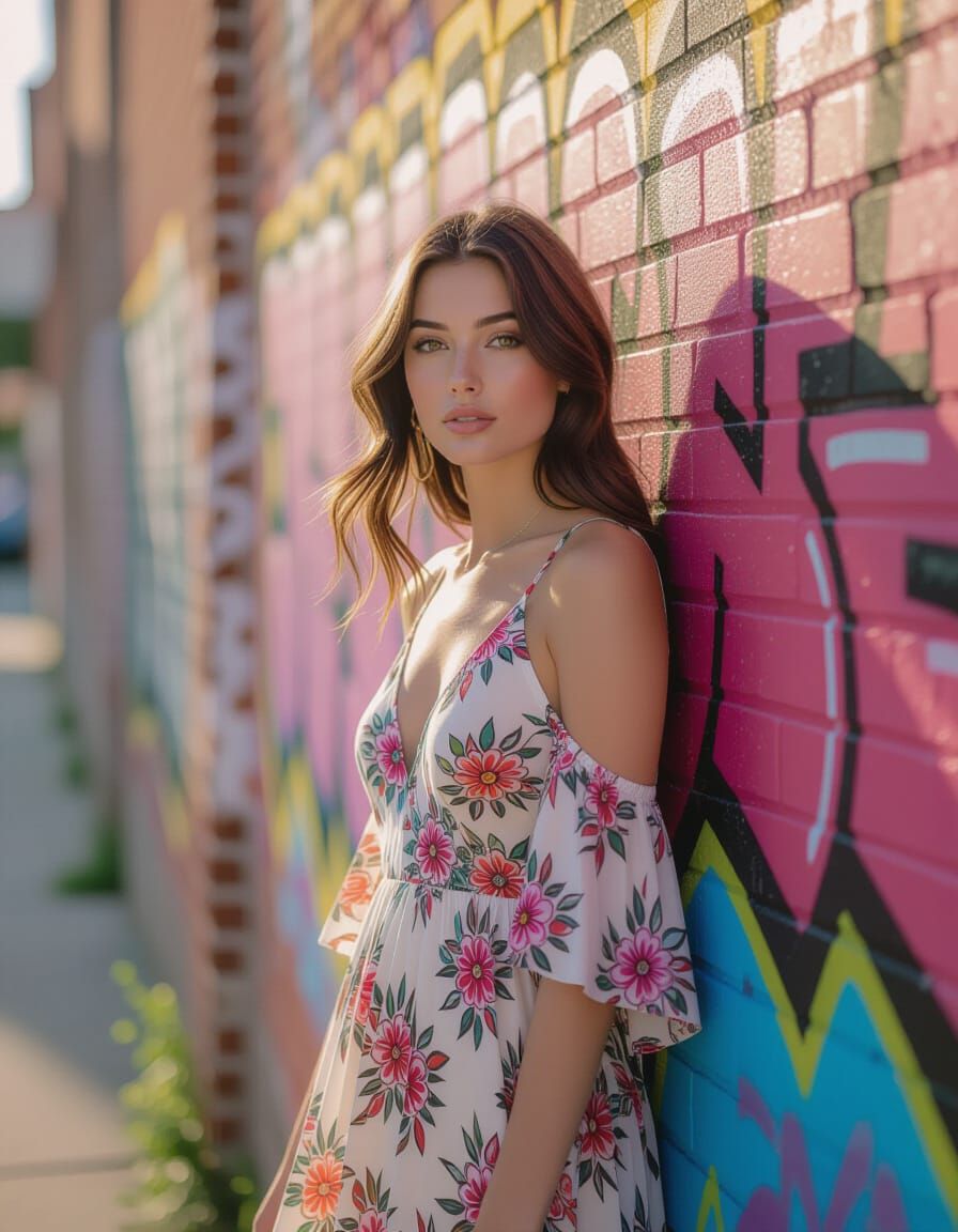 Bohemian Woman Poses by Graffiti Wall in Soft Light