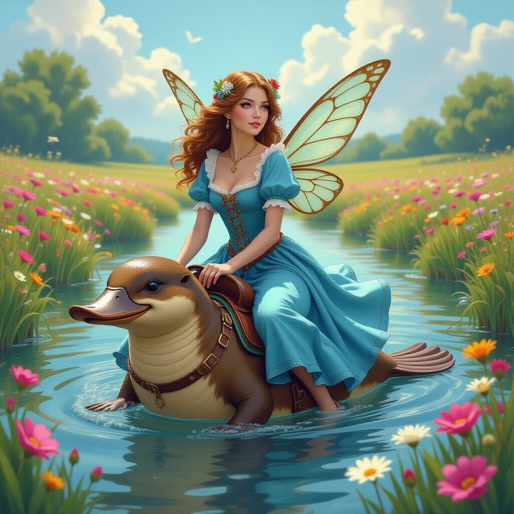 Fairy Rides Platypus in Whimsical Steampunk Landscape