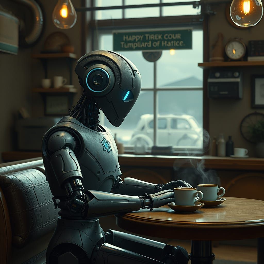 Melancholic Robot in Coffee Shop, Inspired by Futurist Art