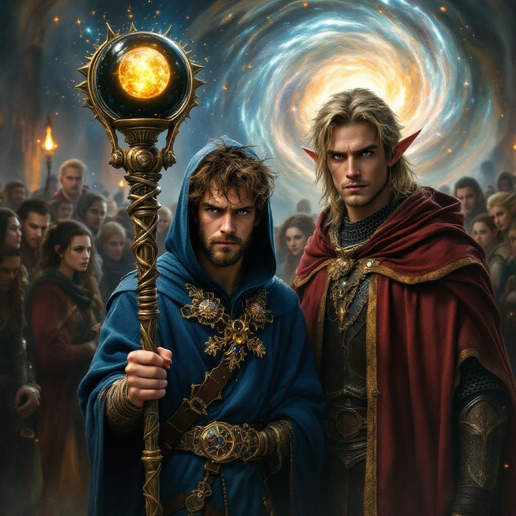 Medieval Wizard Amidst Whimsical Crowd in Vibrant Fantasy Sc...